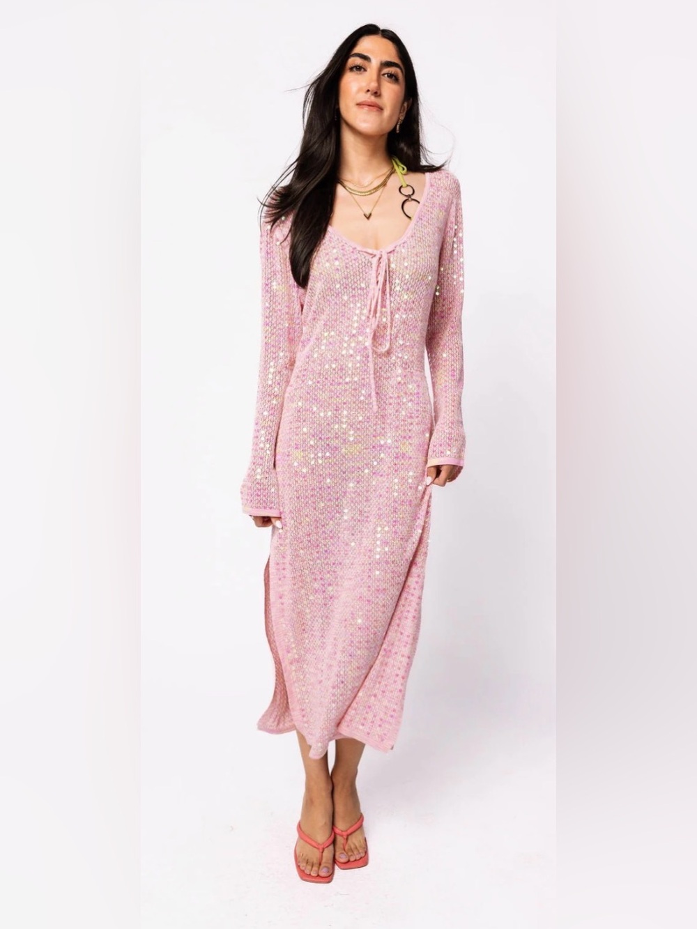 Queen Of Sparkles Pink Sequin Knit Maxi Coverup Dress